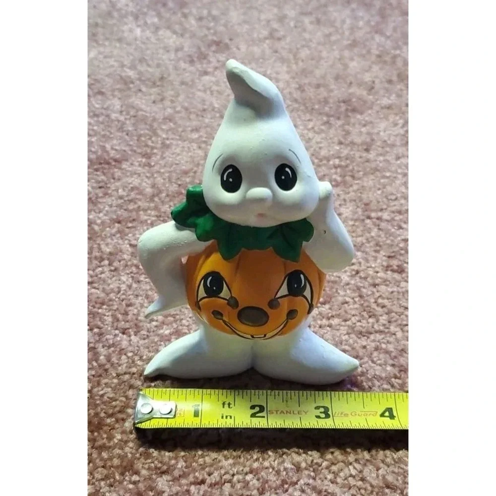 Vintage Ceramic Halloween Ghost Wearing Pumpkin Jack O Lantern Figurine Set 2
